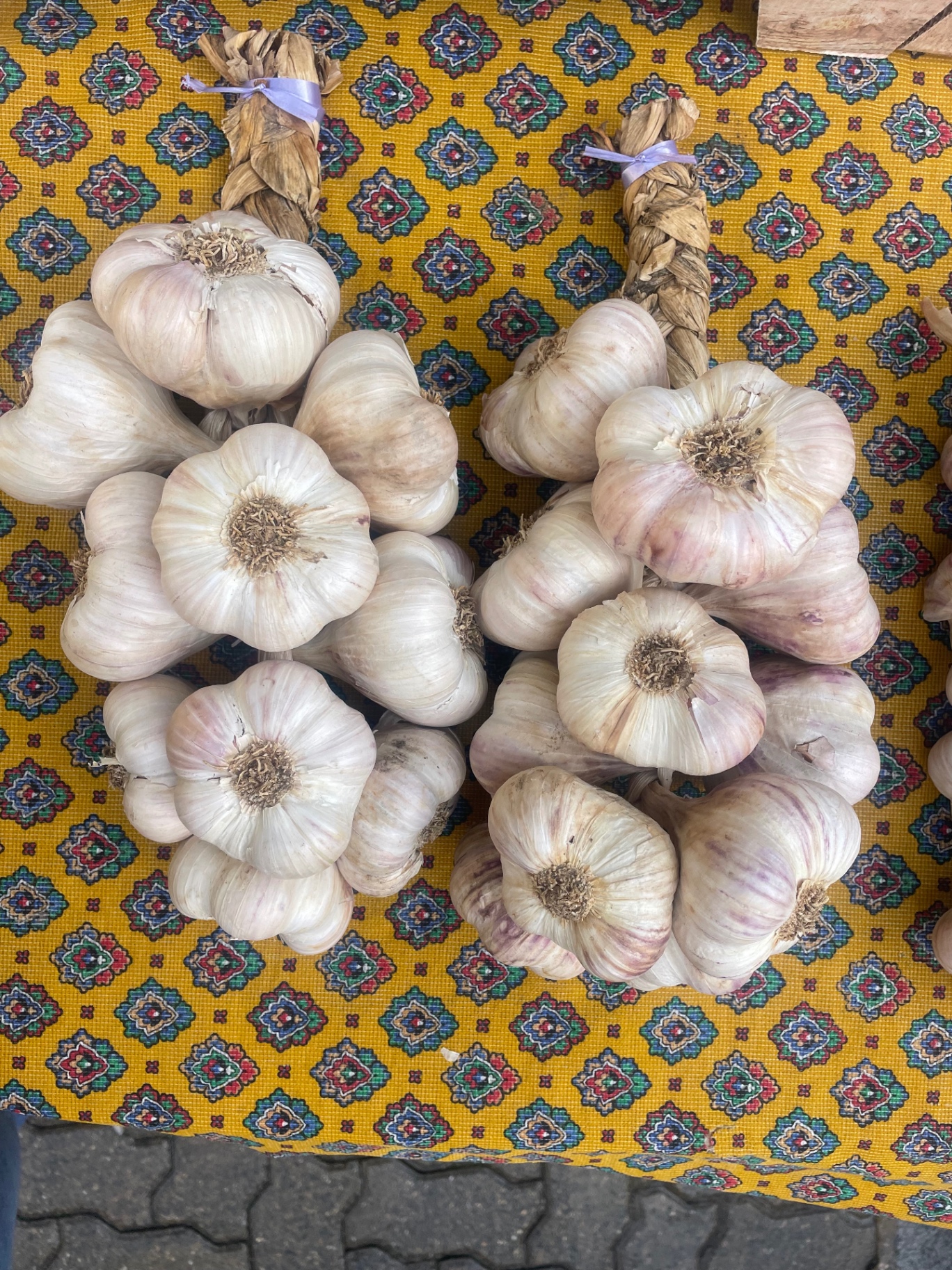 Braided garlic bulbs at a sunlit French market stall