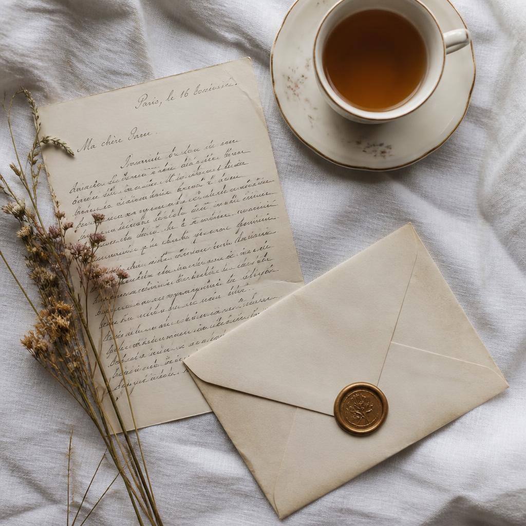 A handwritten letter with wax seal, dried flowers, and tea